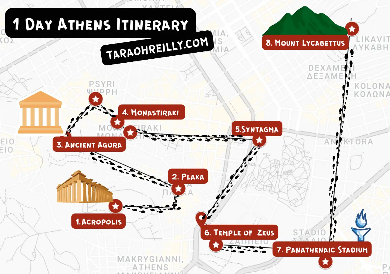 1 DAY ATHENS ITINERARY MAP