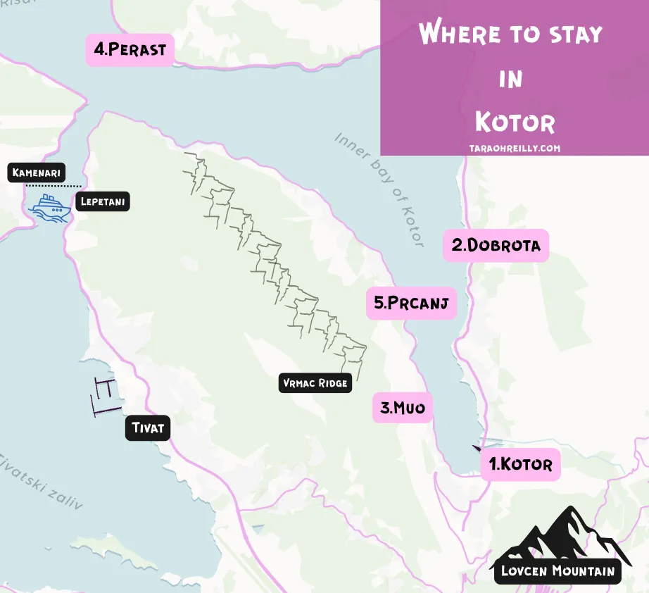 where to stay in kotor map