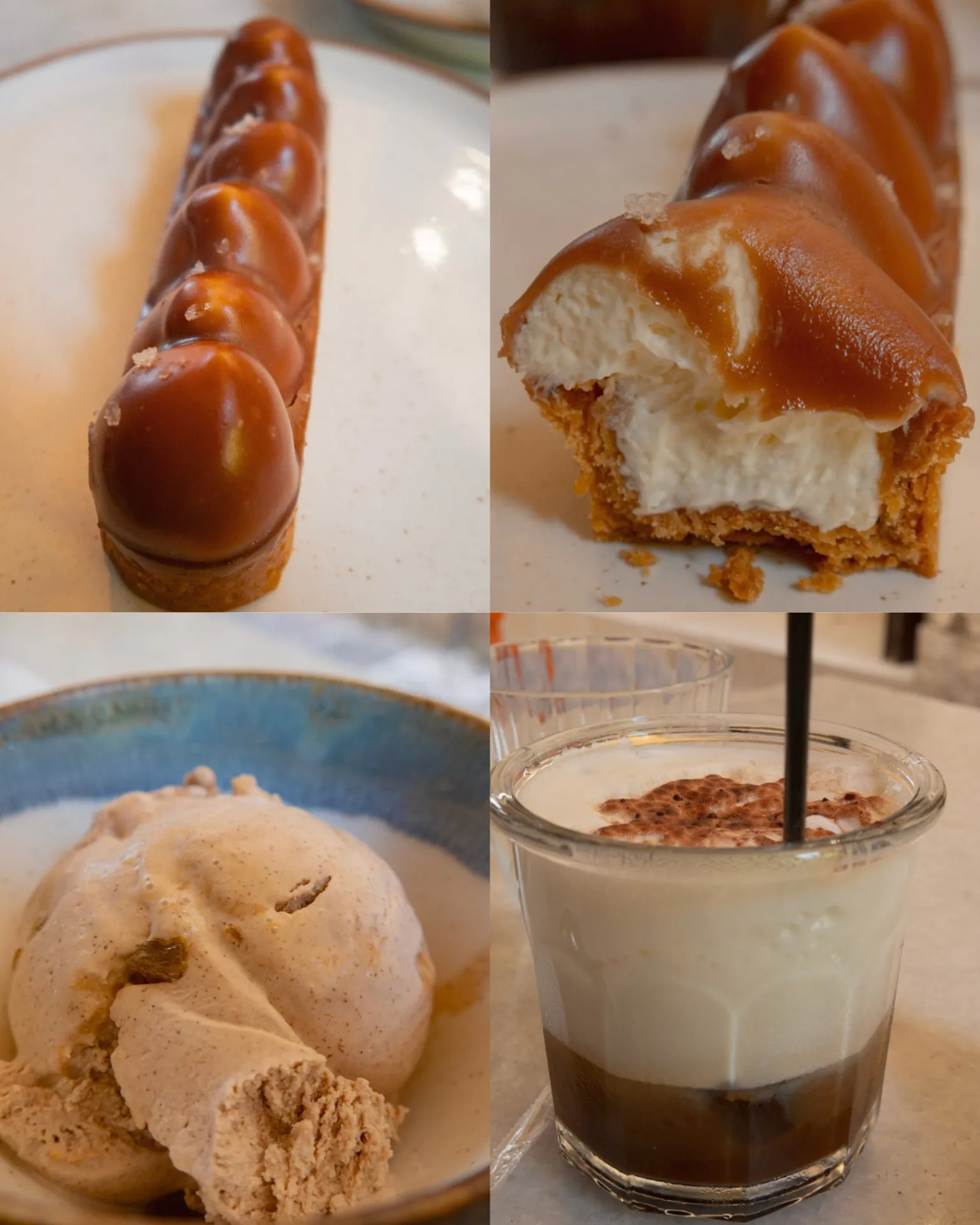 log shaped salt and sweet tart, cinnamon and apricot ice cream and freddo cappuccino from Sketi Glyka cafe in chania old town