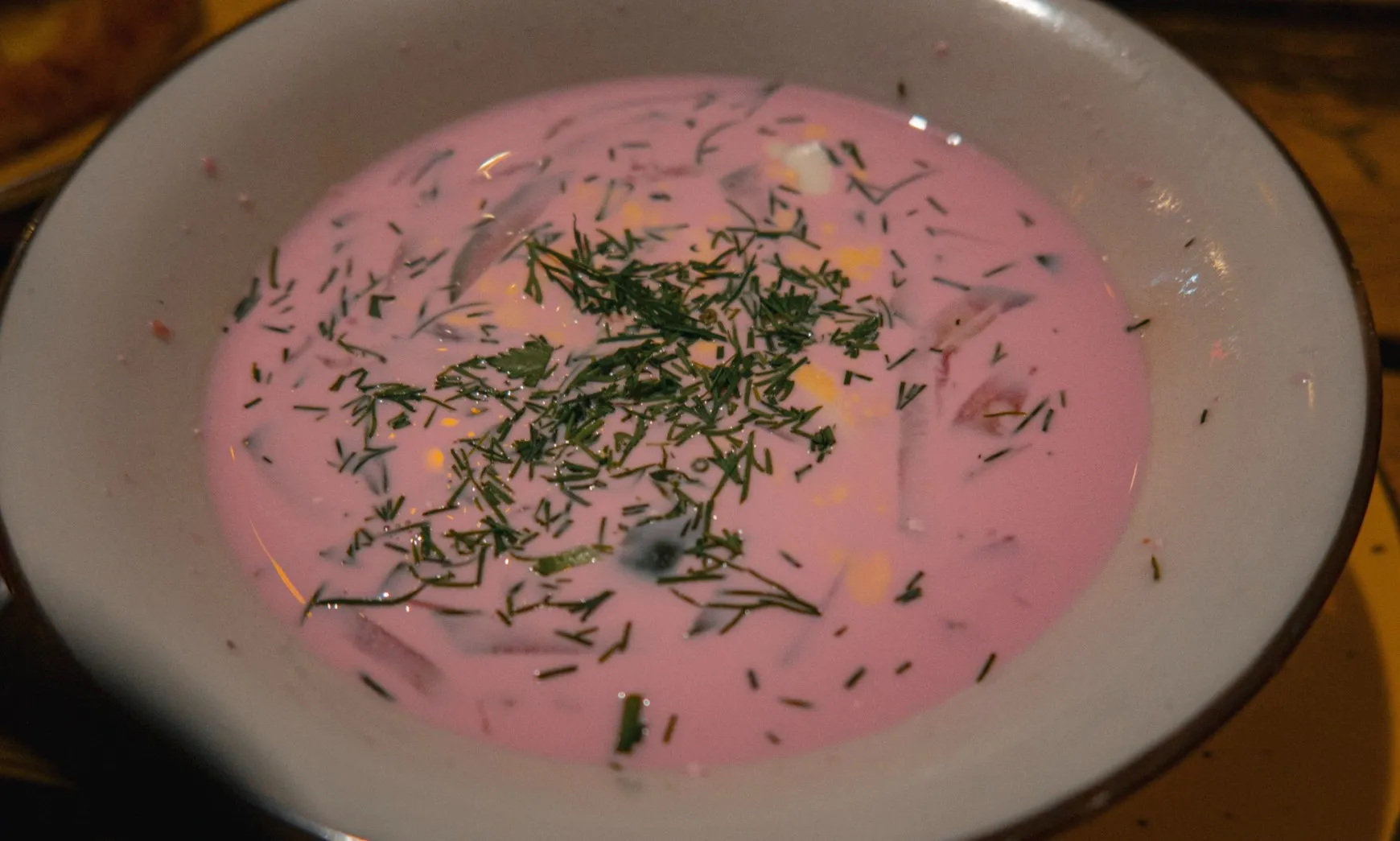 Šaltibarščiai (cold beetroot soup) is a must try Lithuanian dish