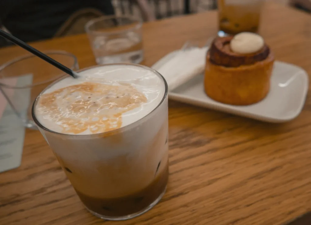 freddo cappuccino and cinnamon bun from monogram cafe