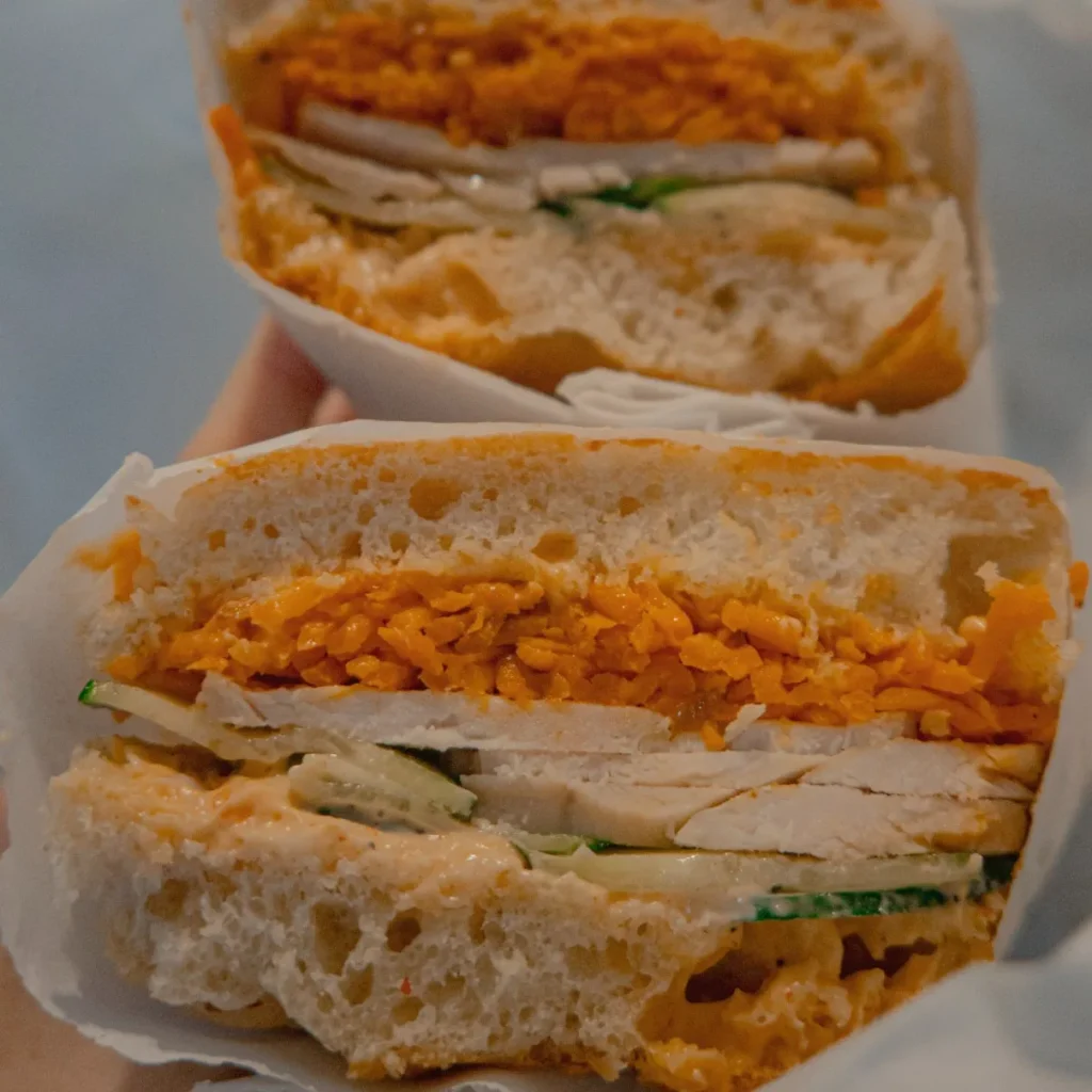 focaccia with spicy mayonnaise and asian carrot salad