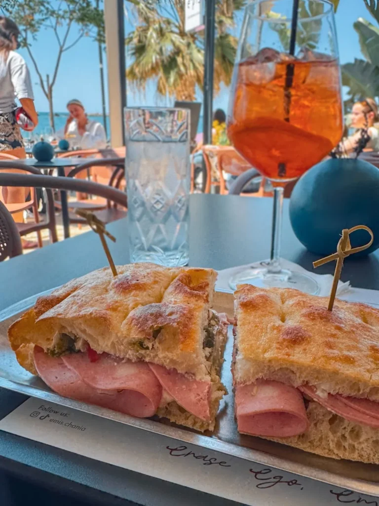 focaccia with mortadella and an Aperol at emis chania