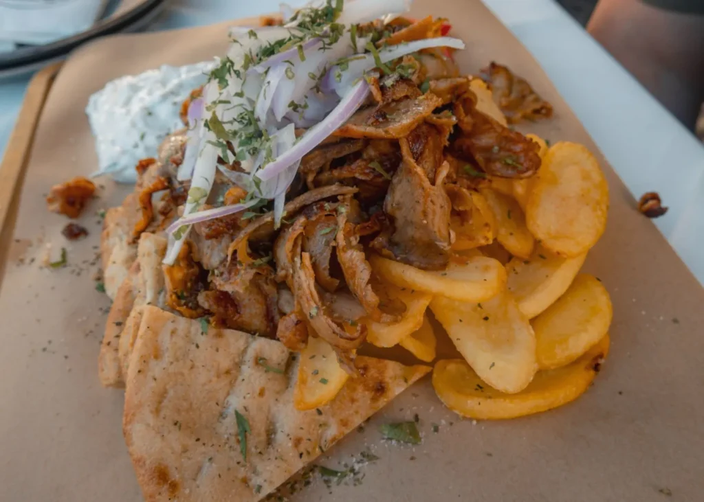 gyros plate from Cafe Remezzo, venetian harbour restaurant