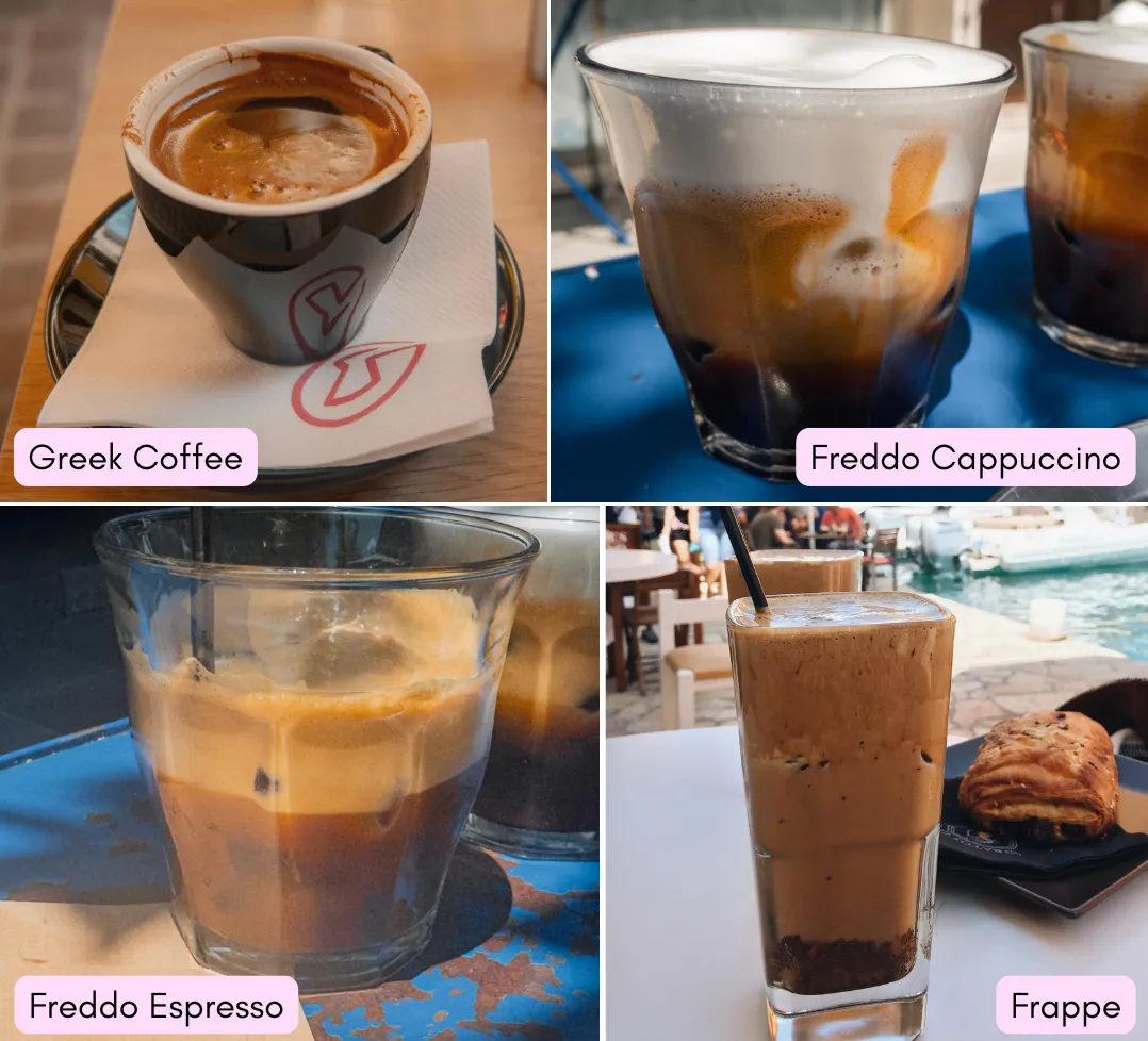 coffee in crete freddo cappuccino, freddo espresso, frappe, traditional greek coffee