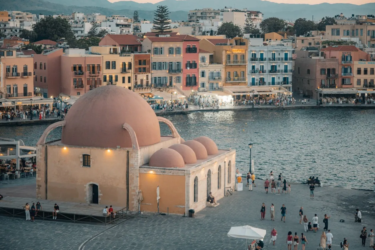 venetian harbour chania crete at sunset from rosa nera
