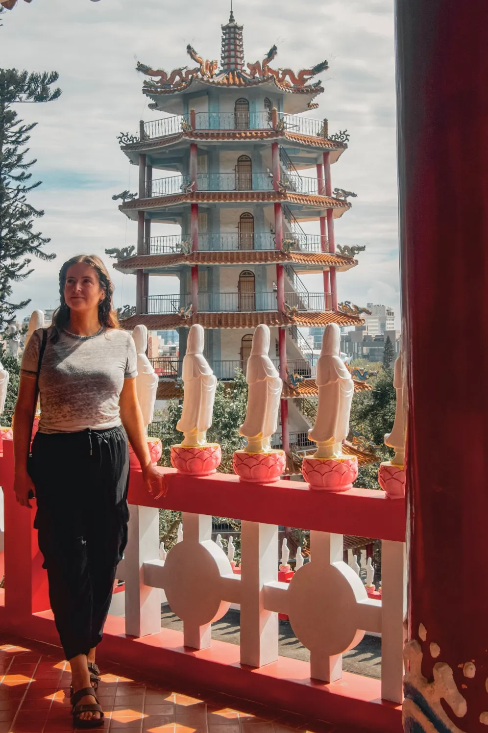 tara o'reilly standing in front of Longfeng Baoyu Pagoda taitung